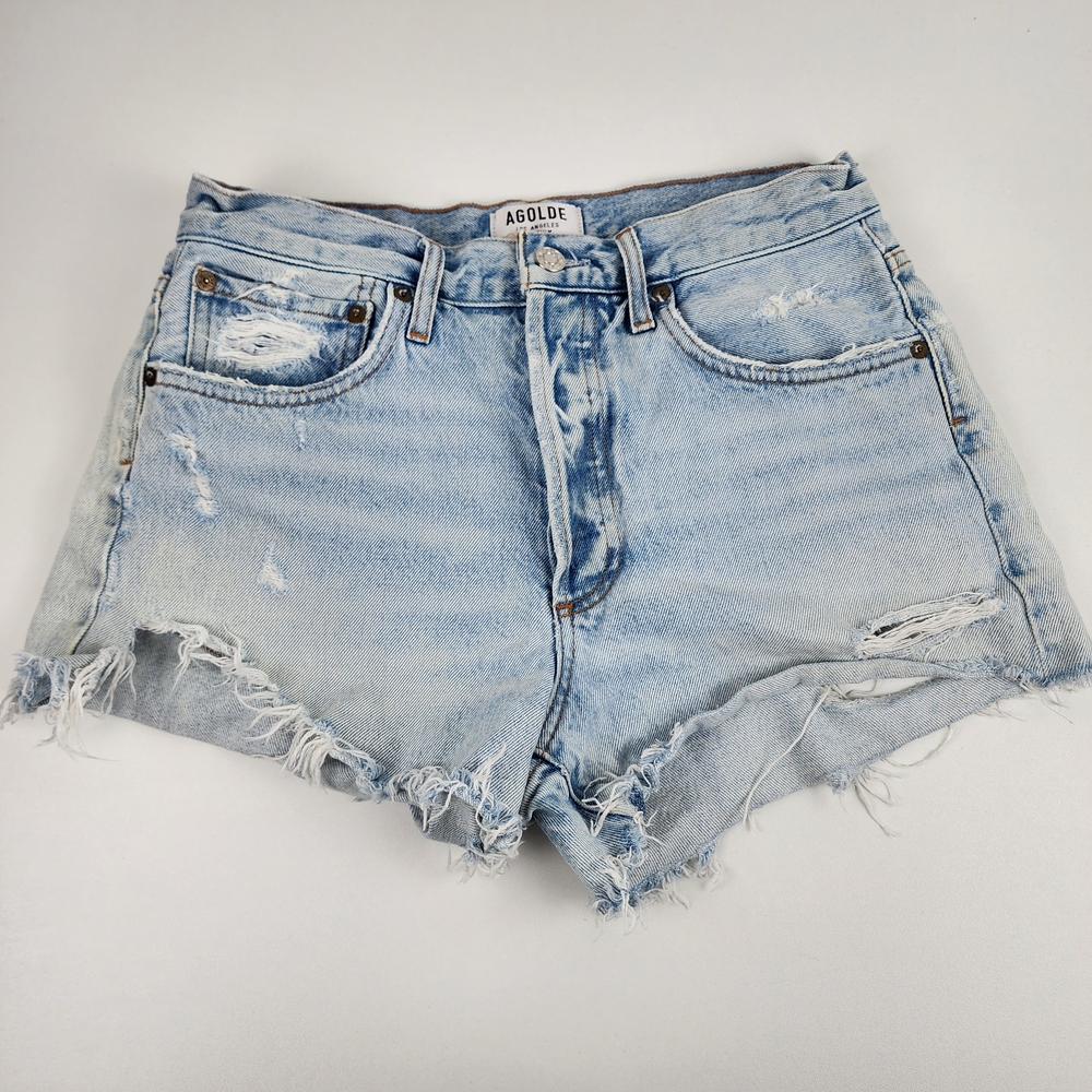 Agolde Faded Blue Frayed Jean Shorts - Size 26, Distressed, Streetwear, Grunge